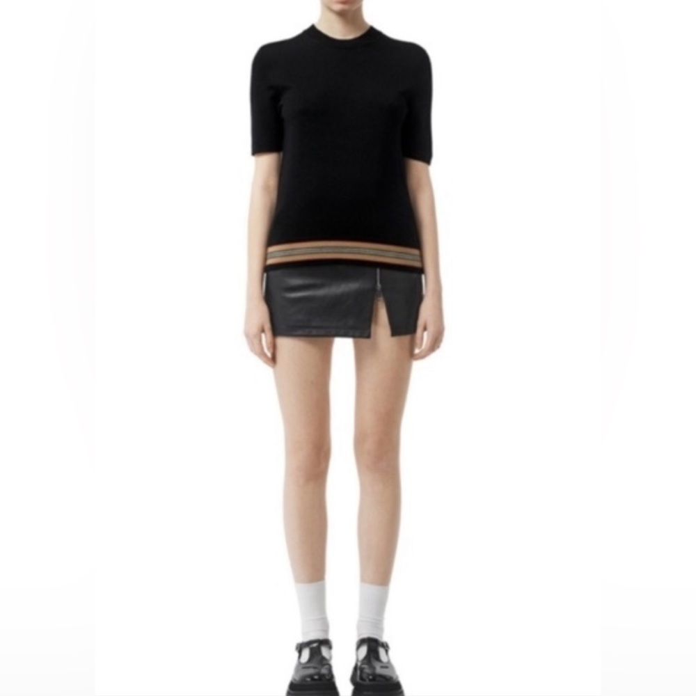 Burberry Kasai Short-Sleeve Sweater with Icon Stripe Trim